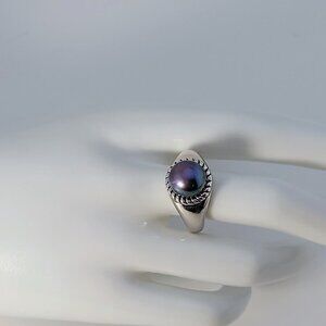 Cultured Black Pearl Ring In Sterling Silver & Rhodium